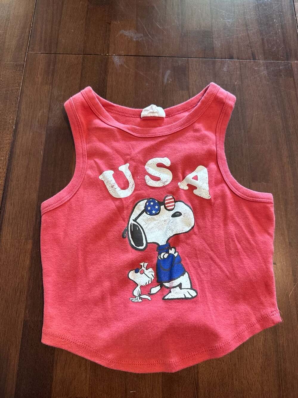 Peanuts Snoopy USA Patriotic Joe Cool Red Graphic Cropped Tank Top